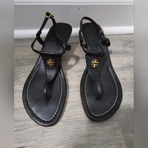 Tory Burch black genuine leather wedge thong sandals sz 8 comfort lightweight